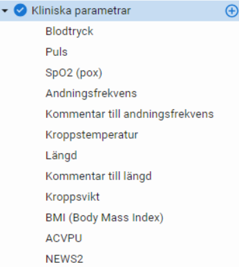 Skärmklipp på ny sökordsstruktur i delmall Kliniska parametrar i Cosmic.