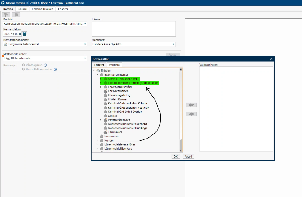 Skärmklipp på uppdaterad sökväg för e-remisser/pappersremisser