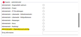 Skärmklipp över hur valet "Administratör för operationsutrustning" ser ut i journalsystemet Cosmic.