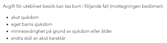 Skärmklipp Avgift för uteblivet besök