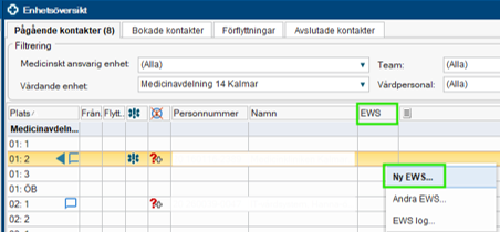 Skärmklipp på fönstret Enhetsöversikt och kolumn EWS.