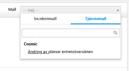 Skärmklipp på hur det ser ut när du i SDP har valt Mall - Tjänstemall - Cosmic - Ändring av platser enhetsöversikten.