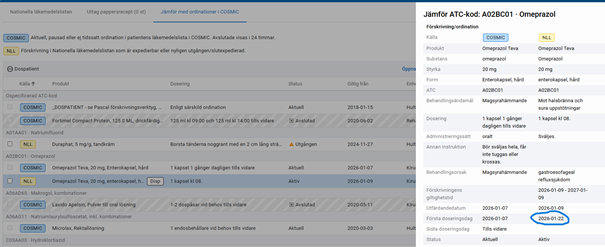 Skärmklipp från Cosmic gällande ordination av framtida förskrivningar från vyn "Jämför med ordinationer i Cosmic".
