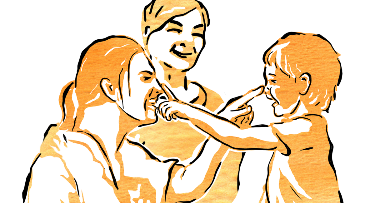 Illustration föreställande två kvinnor och ett barn som pekar på varandras näsor. 