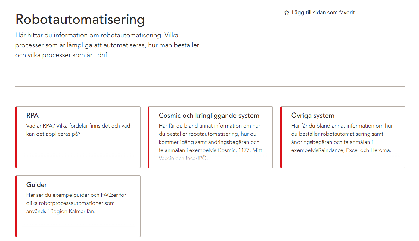 Skärmklipp för Navet-sidan om robotautomatisering i Cosmic och kringliggande system.