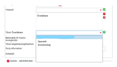 Skärmklipp över hur valet "Anestesiolog och Operatör" ser ut i journalsystemet Cosmic.
