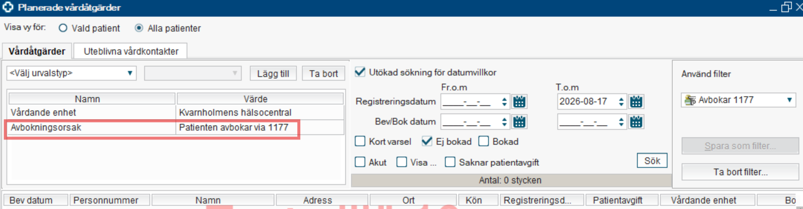 Skärmklipp på hur man skapar eget filter för sökning av patientens av- och ombokningar i 1177