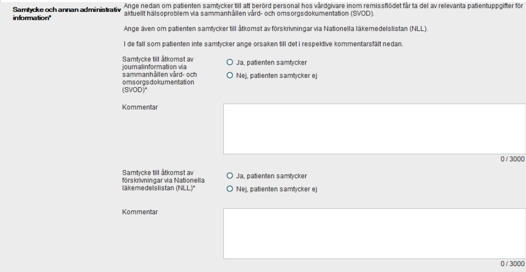 Skärmklipp på "Samtycke och annan administrativ information" efter förändring.