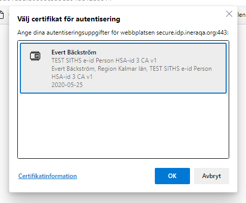 Skärmklipp NPÖ certifikat autentisering
