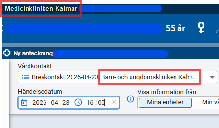 Skärmklipp på hur det ser ut när den nyaste vårdkontakten förvälds i vårdkontaktväljaren när man är inloggad på Medicinkliniken i Cosmic.